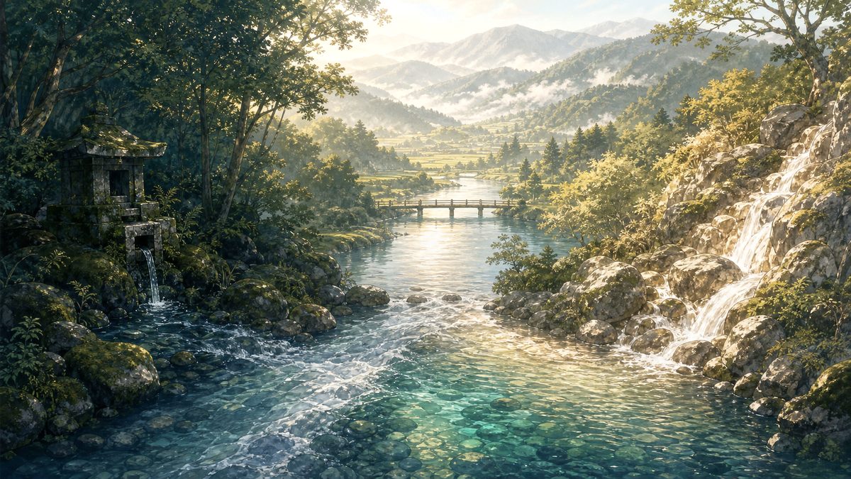 二つの源流がひとつの川になる山あいの朝