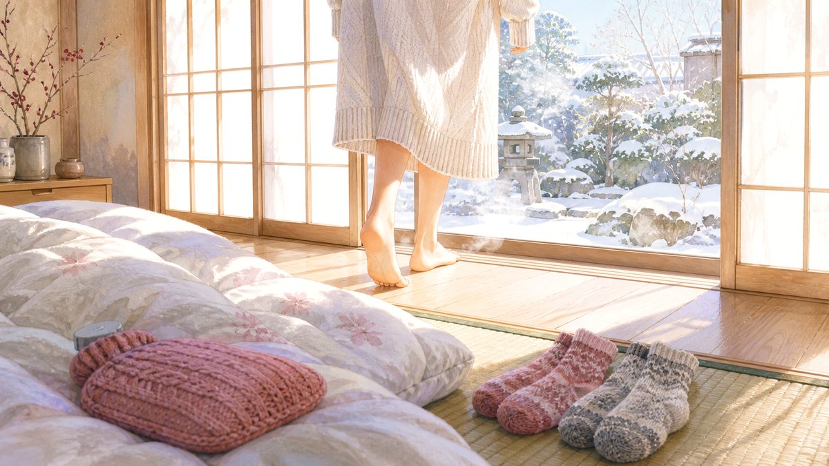 冬の朝、雪の庭に向かって素足で立つ。傍らに重ねた靴下と湯たんぽ