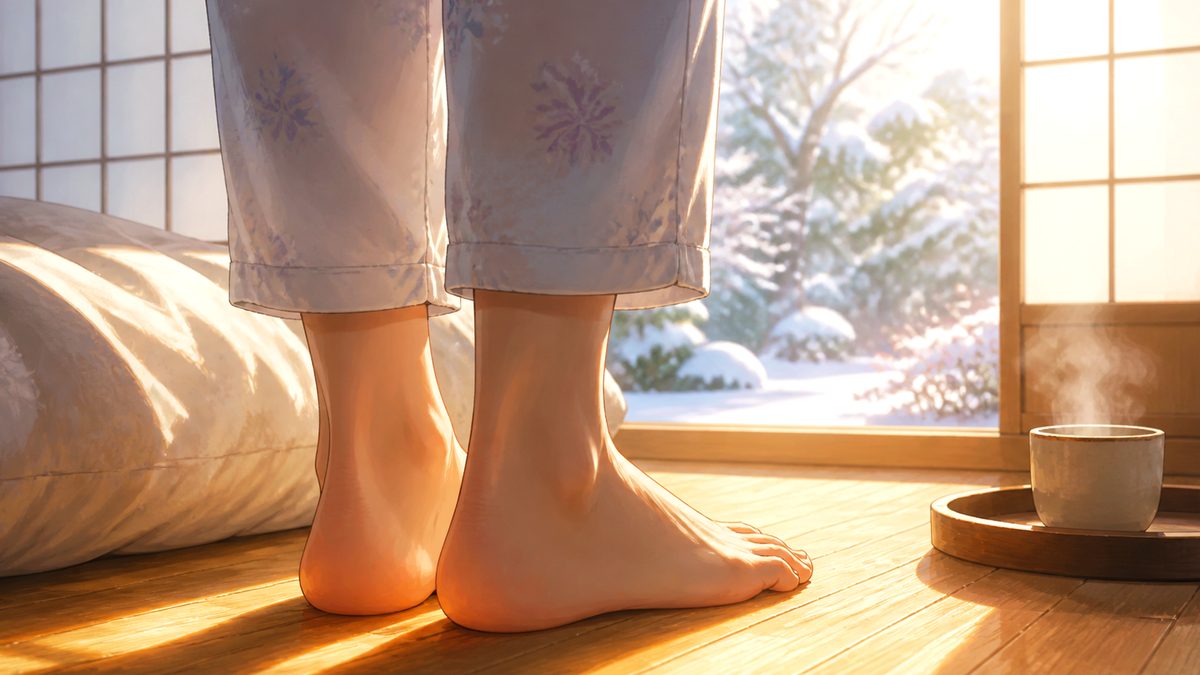 冬の朝、陽だまりの床に下ろした素足のかかとが温かい