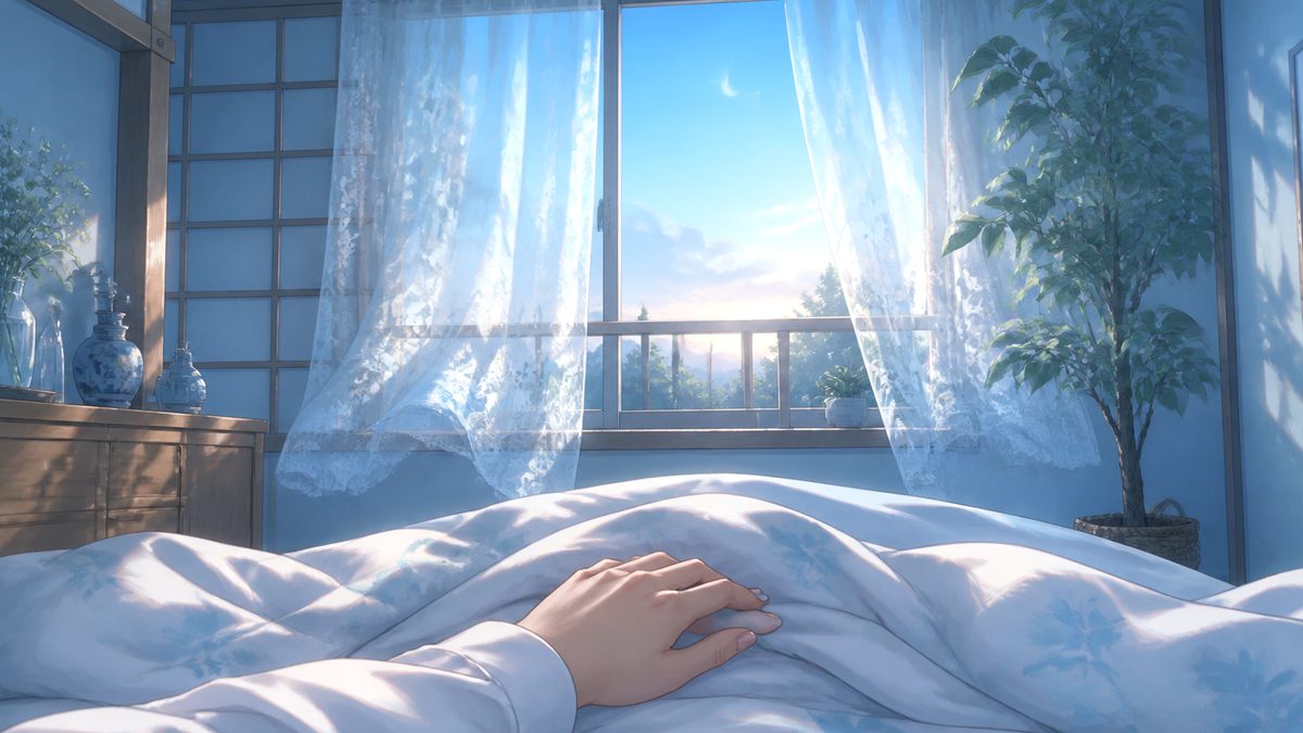 夜中、布団の中で胸に手を当てて天井を見上げる