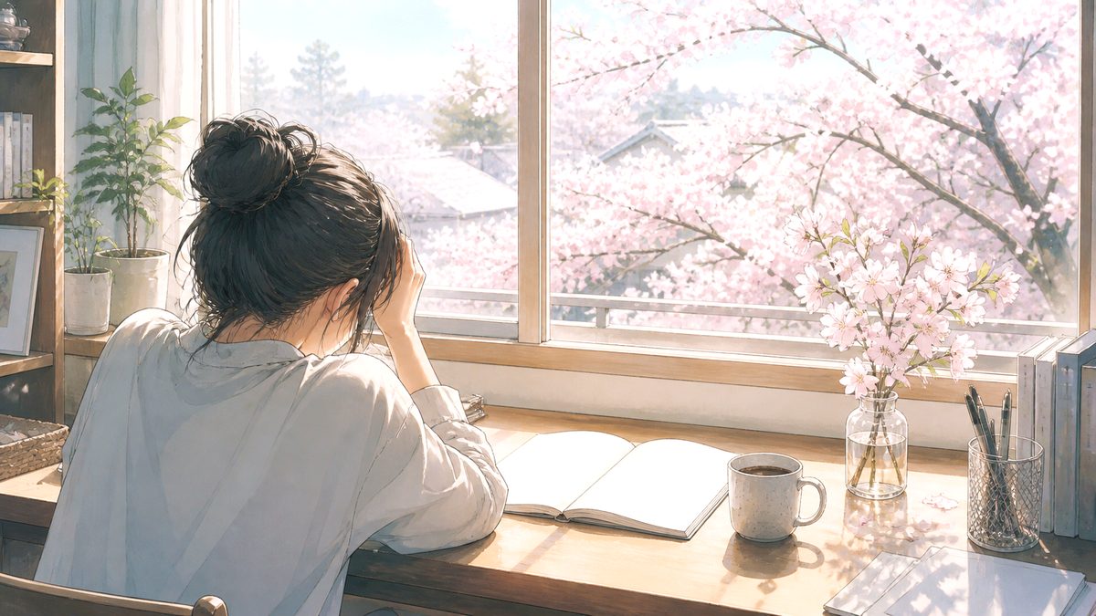 春の朝、机の前で額に手を当てる。窓の外は霞んだ桜