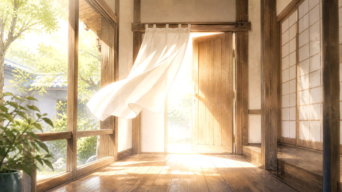 薄暗い廊下の奥で、少し開いた木の扉から光と風が差し込む