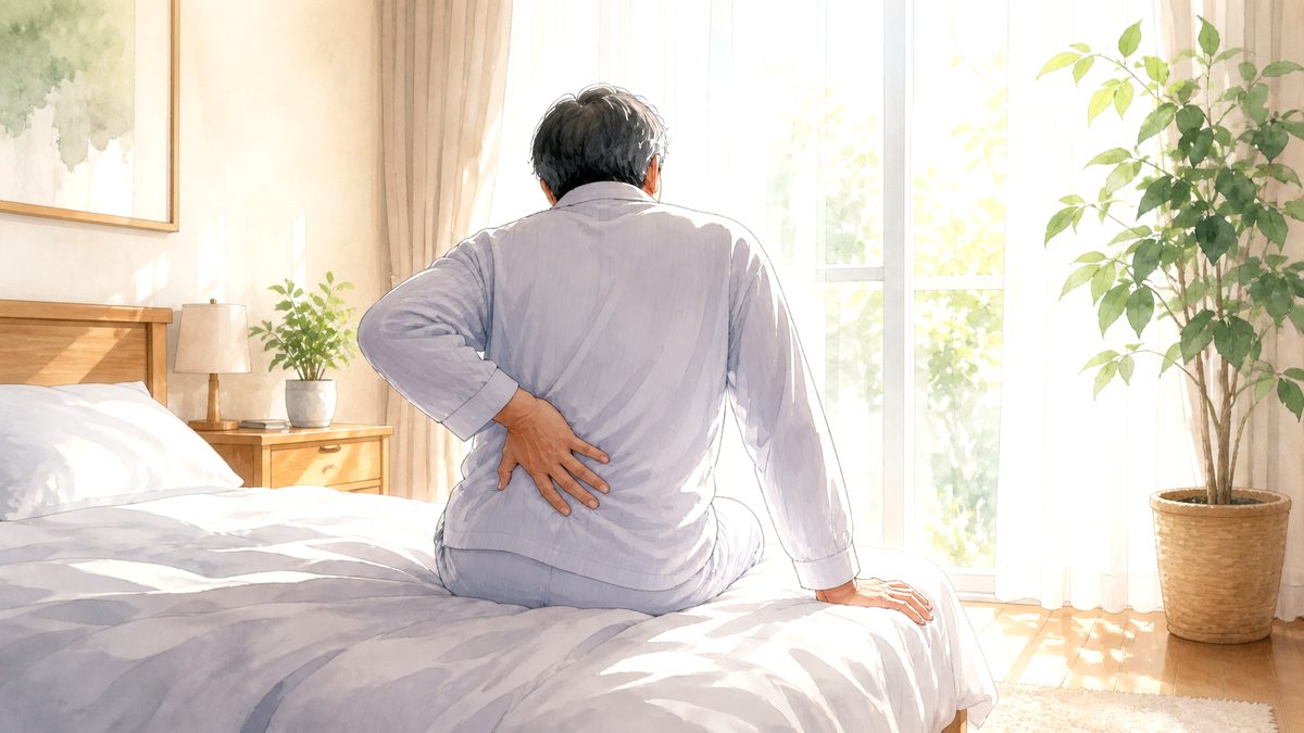 朝、ベッドの端で腰に手を当てて立ち上がる直前
