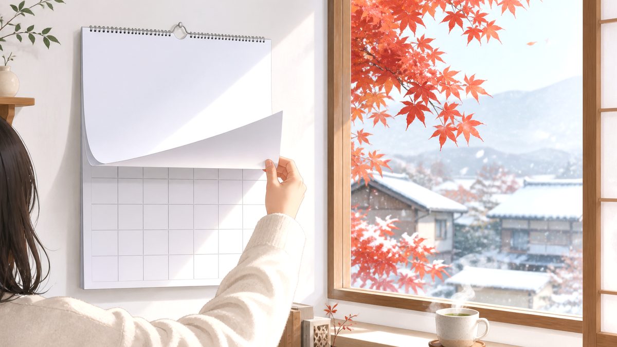 壁のカレンダーをめくる手。窓の外は紅葉に初雪が混じる