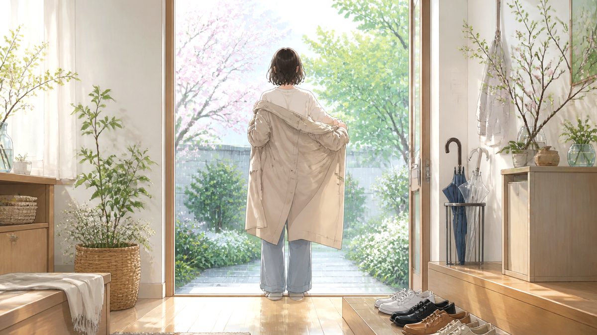 季節の変わり目の朝、玄関で薄手のコートを羽織るか迷う後ろ姿