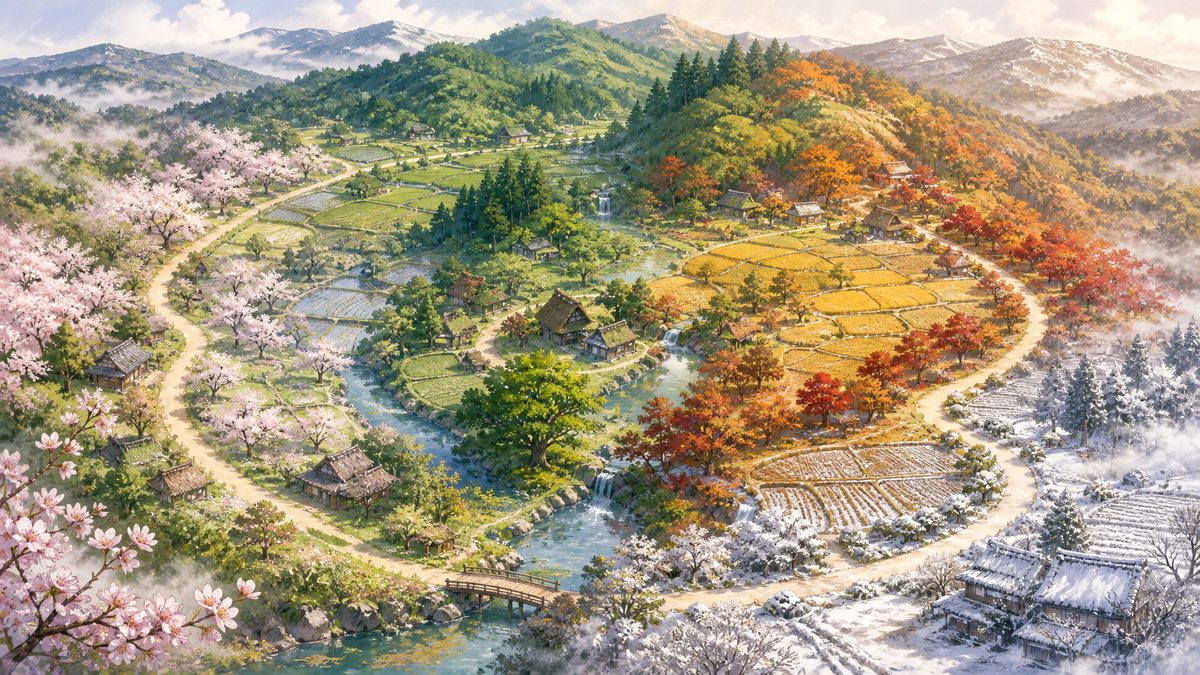 一本の道が里山を一周し、春から夏・秋・冬へと景色が巡る