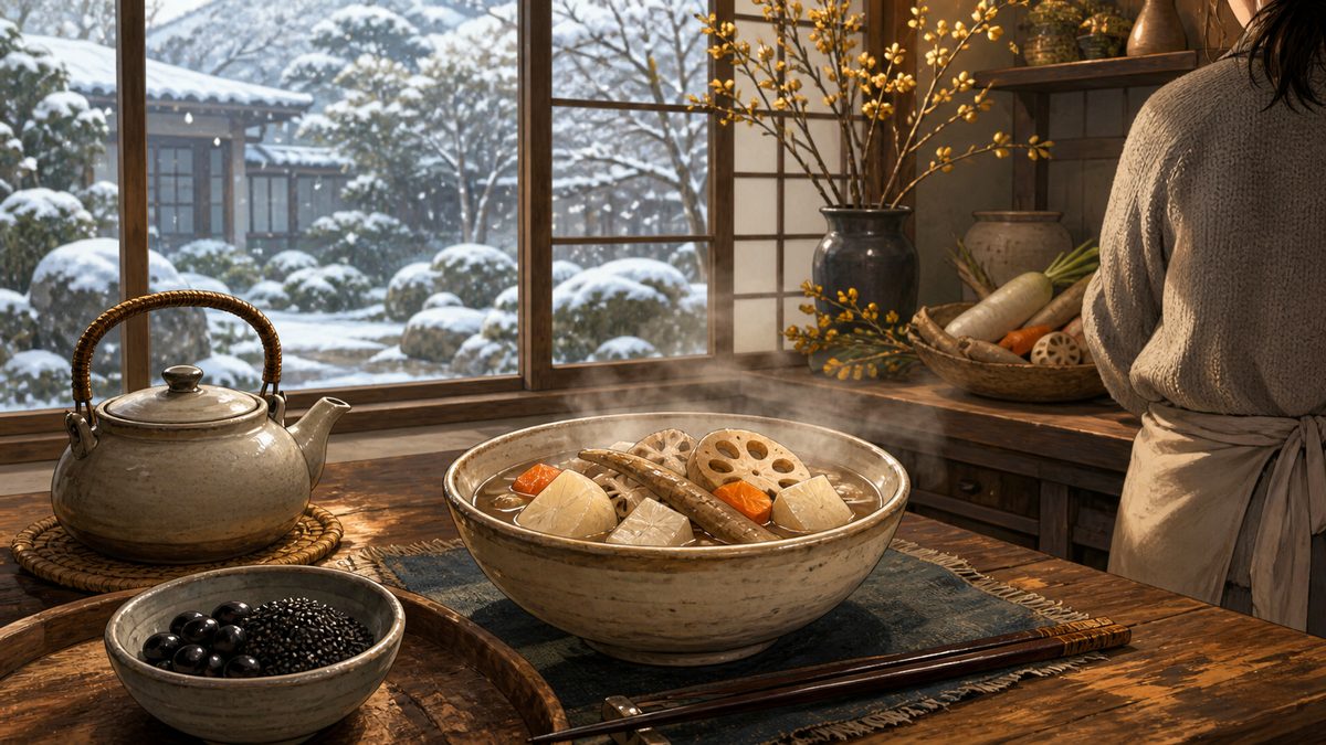 冬の食卓。根菜のスープから湯気が立ち、窓の外に初雪