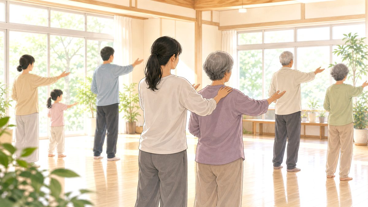 明るい部屋で、学んだ動きを身近な人たちへ手渡している様子