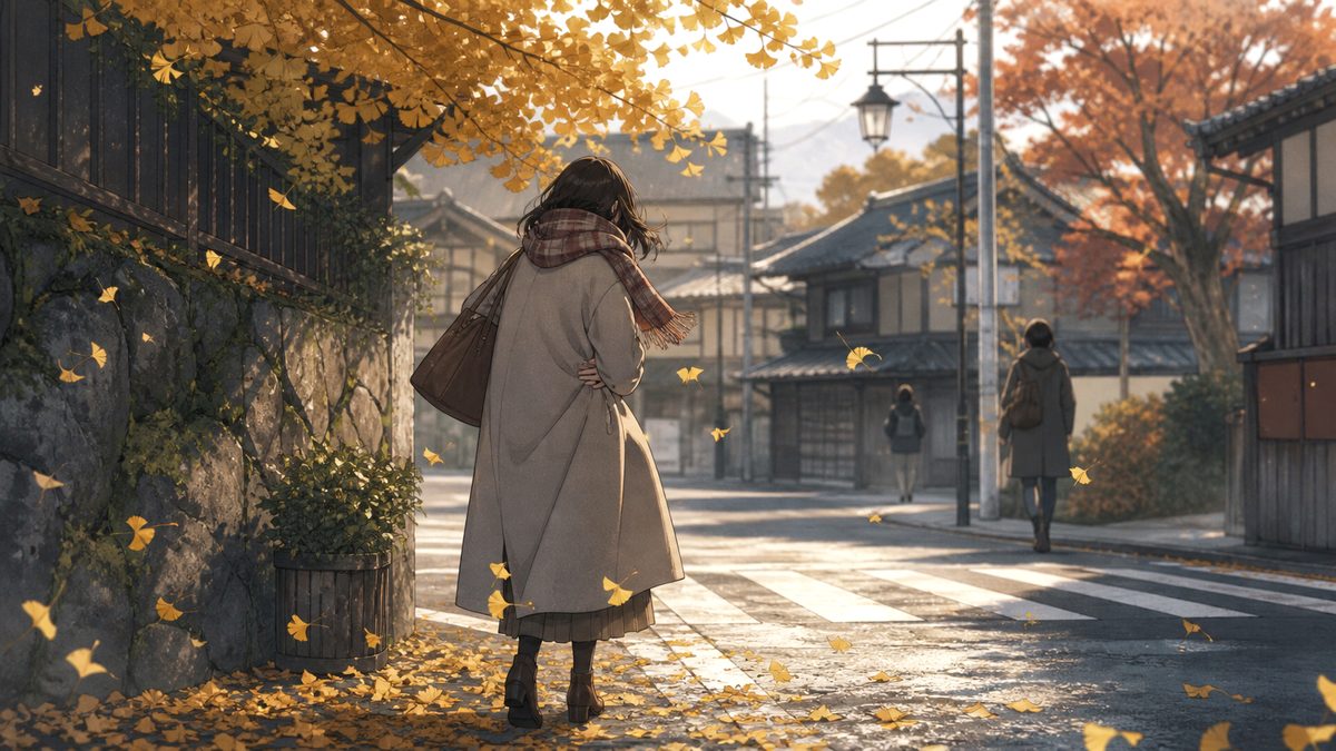 秋の街角、くしゃみの一瞬に身を固くする後ろ姿