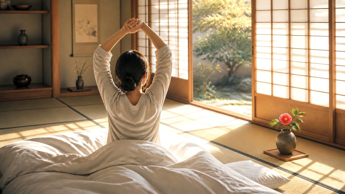 朝、布団の上で軽く伸びをする後ろ姿。障子から柔らかい光